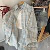 Damen Point Collar Langarm Karopulli Lockerer Schnitt Frisch Vintage Lässig Button Down Überhemd 2024 Herbst Baumwolle Übergroße Bluse