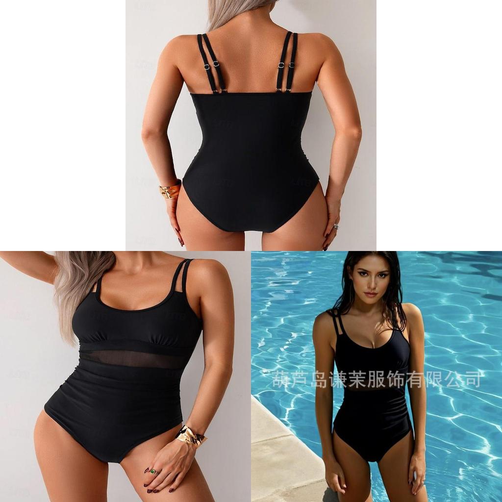 Costum de baie dintr-o piesă pentru femei cu plasă, decolteu adânc în V, push-up, pentru înot și activități sportive