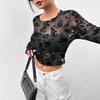 Ins Women's Black Sexy Mesh Round Neck Long Sleeve T Shirt Top Women Fashion Daily Basic Office Lady Casual Slim Fit Ladies Elegant Long Sleeve Top