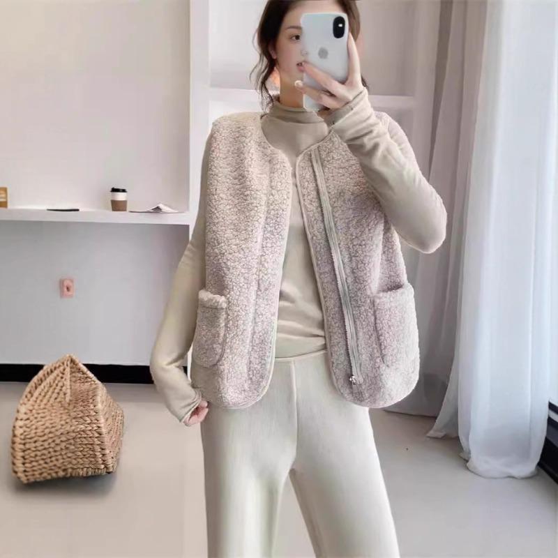 Autumn and Winter Warm Lamb Wool Fleece Granular Fleece Simple Loose Vest Versatile Outer Wear Fur Integrated Zipper Vest