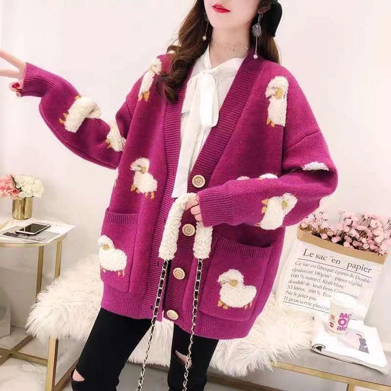 Women Knitted Cardigan Cute Sheep Sweater Cardigan Spring Autumn Casual Loose Outwear