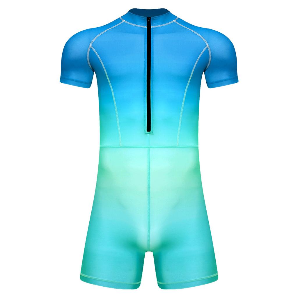 Color One Mens Piece Gradient Swimsuit S3xl Short Sleeve Front Zip Boyshorts Rash Guard Jumpsuit For Surfing Swimming Diving