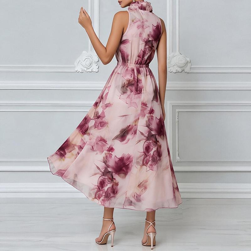 1116 Summer European and American Women's Clothing, Rose-printed Waist Dress, Casual Vacation Lace Dress