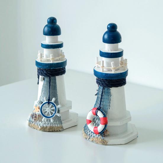 Retro Vuurtoren Ornament Handgemaakt Rustiek Houten Vuurtoren Beeld Kust Tafeldecoratie voor Oceaan Themafeest Strandhuis Decor