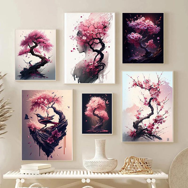 Japanese Sakura Wall Art Poster Print Canvas Painting Pink Watercolor Cherry Blossom Aesthetic Pictures for Living Room Decor