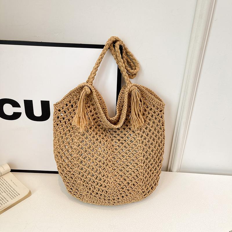 Lässige Baumwollfaden-Webtasche mit großem Fassungsvermögen, neue hohle Strohtasche, Schultertasche im Lazy-Wind-Stil, Urlaub-Strandtasche, Damentasche
