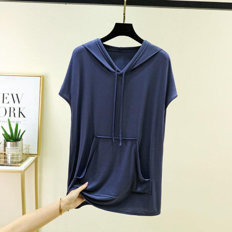 Dames Hooded Korte Mouw T-shirt Los Casual Modal Gebreide Top Zomer Dagelijks Zak Pullover
