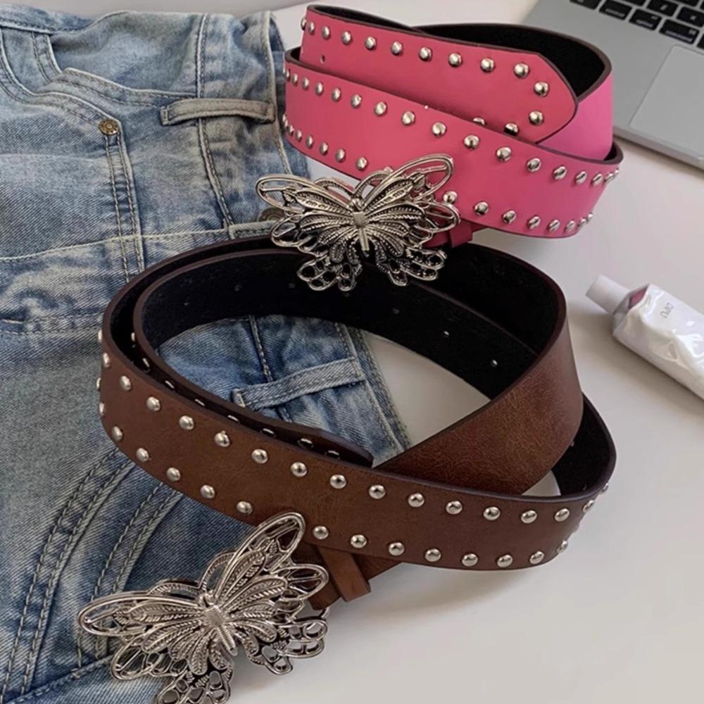 Jeans Decor Butterfly Waist Belt Punk Pu Waistbands Retro Rivet Belt Men