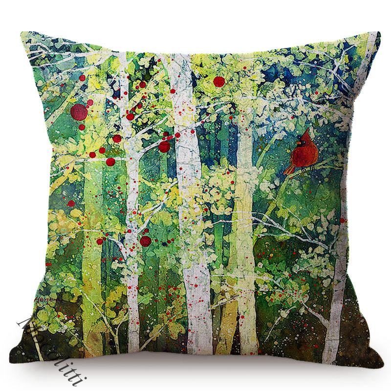 Spring Colorful Home Decoration Cushion Cover Cardinal Bird Style Water Color Art Cotton Linen Square Sofa Throw Pillow Case