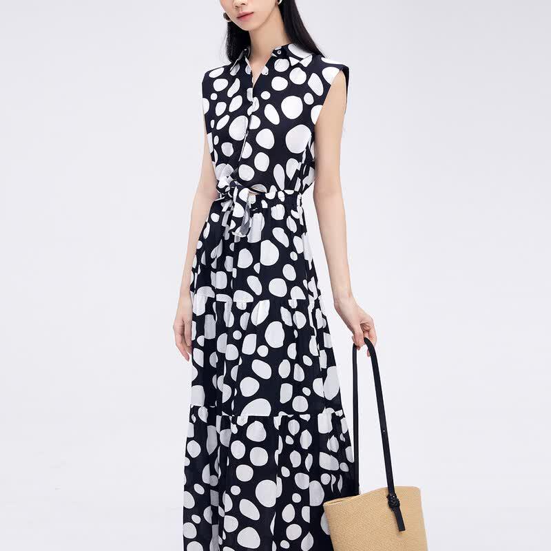 Women's Lapel Polka Dot Sleeveless Long Dress