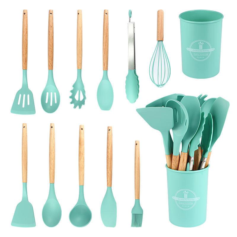 12Pcs Silicone Utensils Set Non-Stick Cookware Spatula Shovel Egg Beaters Wooden Handle Kitchenware Home Kitchen Cooking Tools
