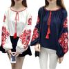 Summer Shirt Women Ethnic Style Embroidered Pattern Pullover Tops Round Neck Lantern Sleeve Loose Fit Blouse