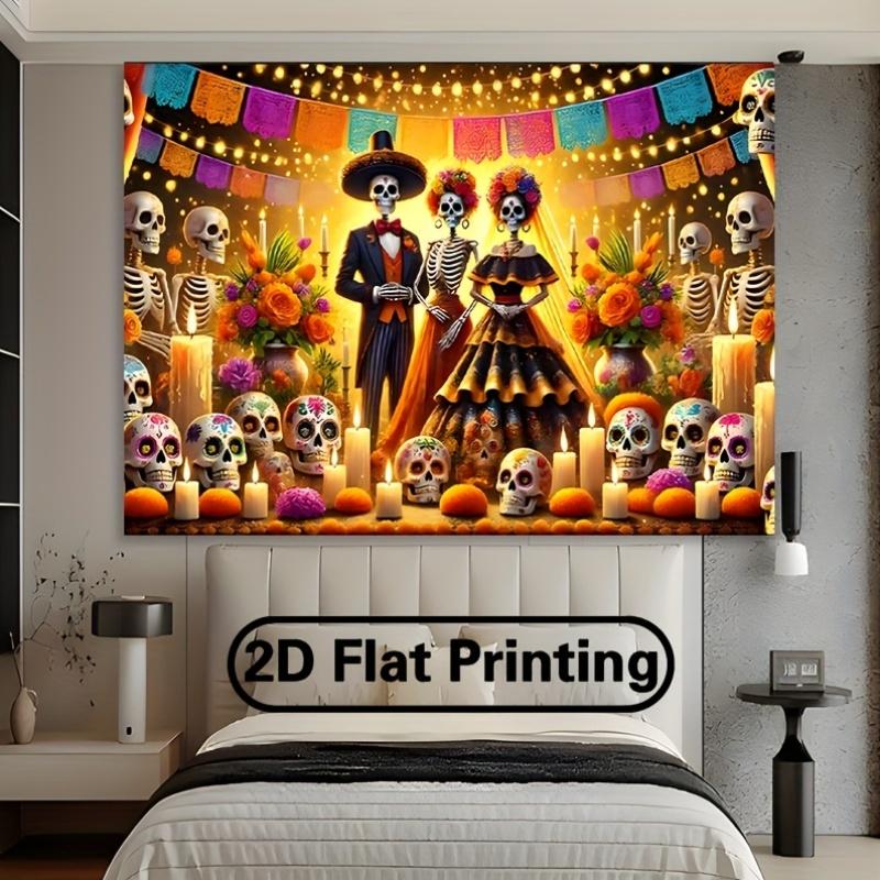 One 2D Flat Banner Featuring a Scene of the "Day of the Dead" Celebration Made of Polyester Fabric. This Wall Decoration