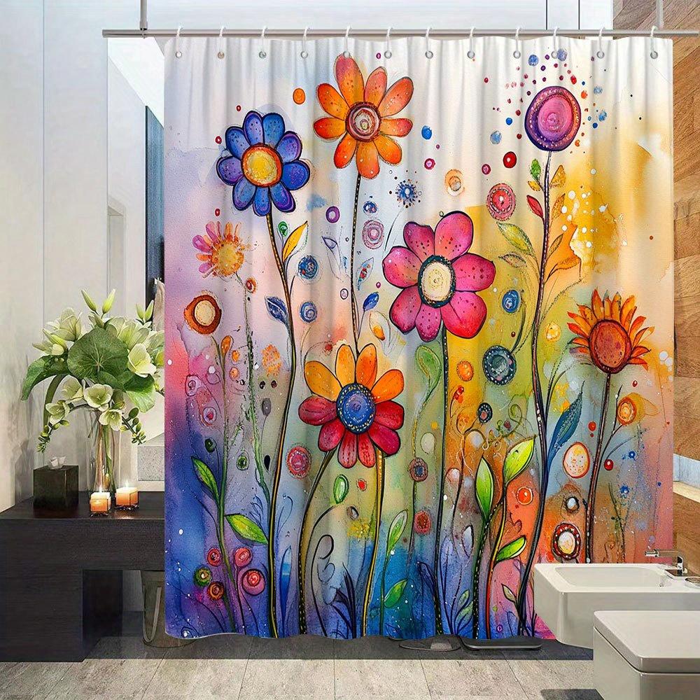 Floral Pattern Shower Curtain - Colorful Creative Design, Polyester Bathroom Decor, 12 Hooks