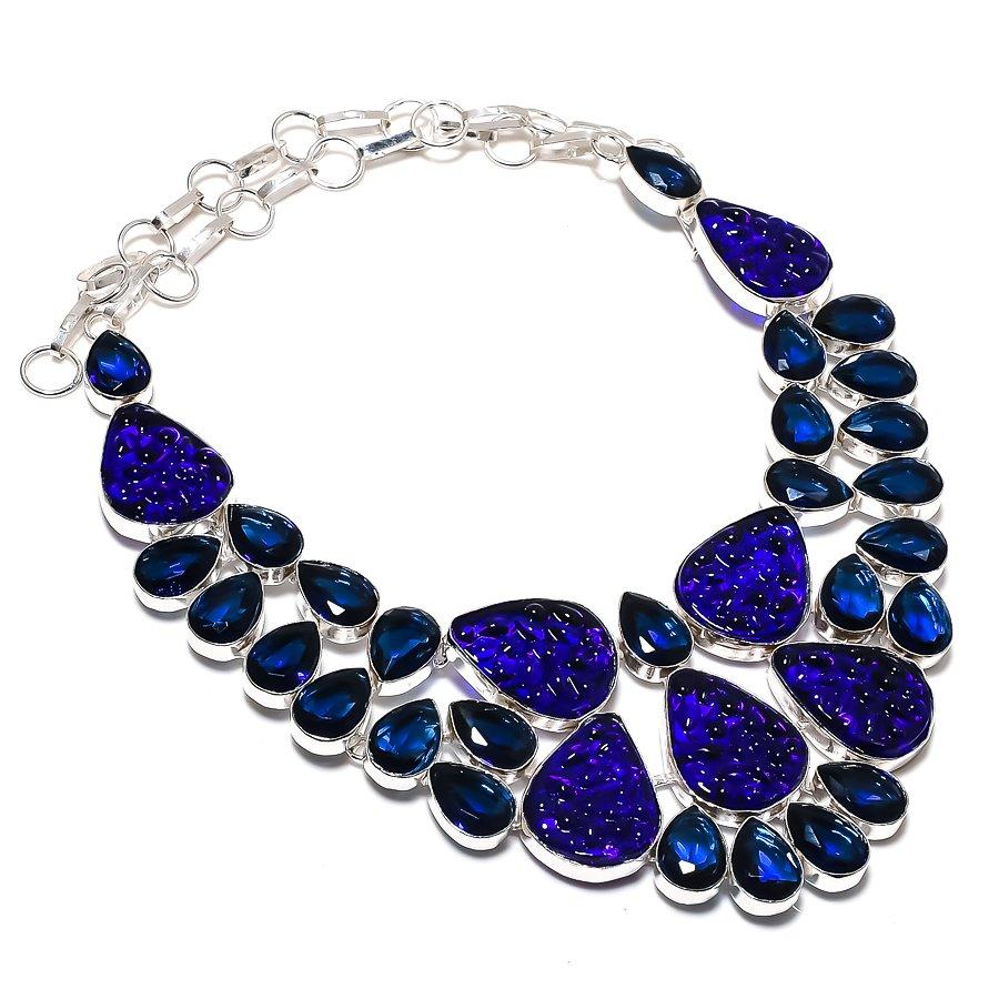 Natural Blue Moldavite, Iolite 925 Sterling Silver Jewelry Necklace 18" r2f65