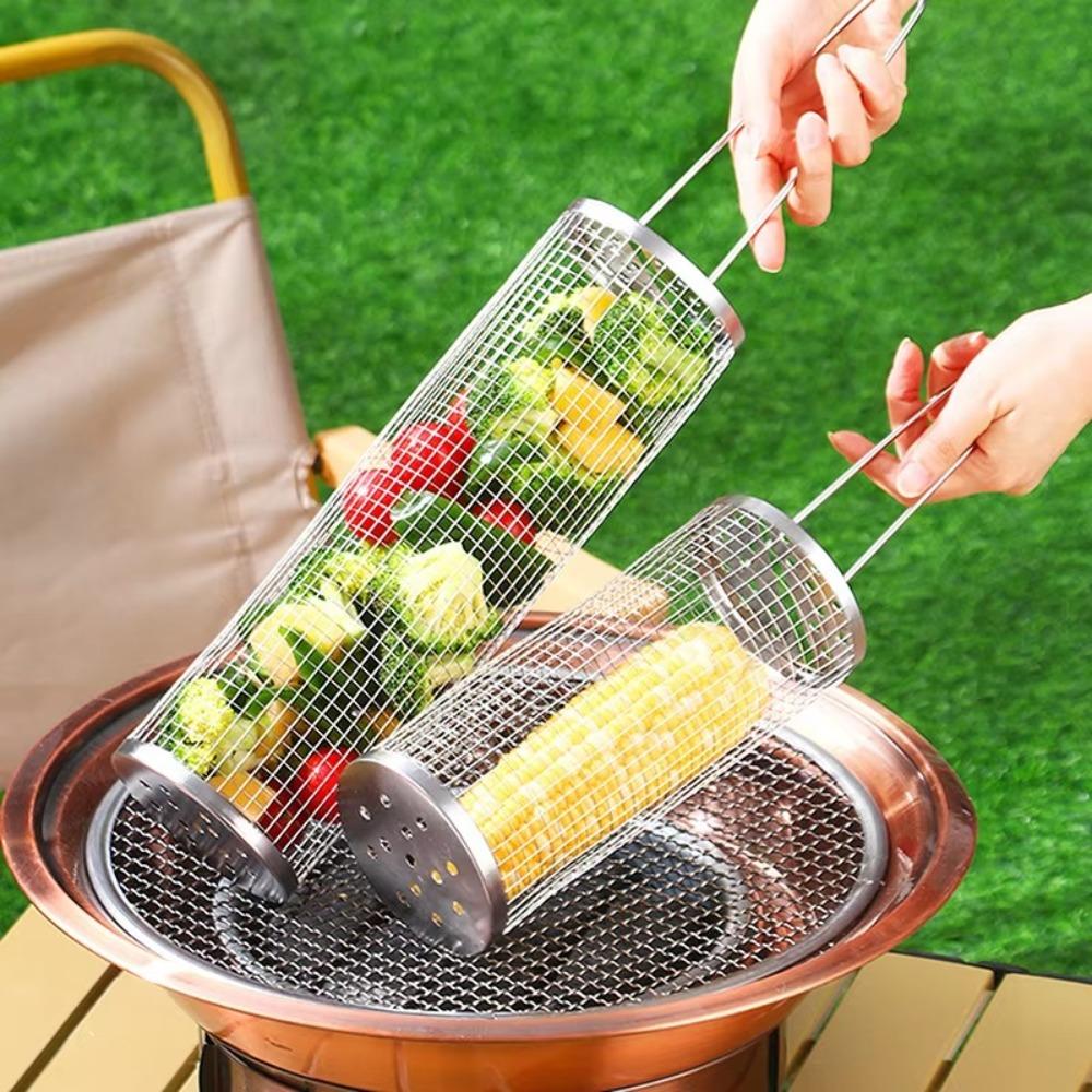 Portable Stainless Steel Grill Basket Barbecue Tool Round Rolling Grilling Basket Cookware BBQ Basket Barbecue