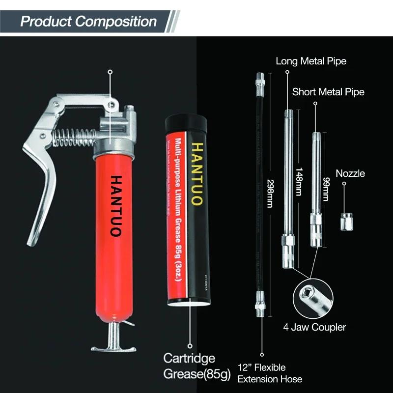 HANTUO 3000 PSI Pistol Grip Grease Gun Kit | 3 oz Load, 18'' Spring Flex Hose, 2 Couplers, 2 Extension Pipes, 1 Sharp Nozzle