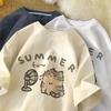 American Street Creative Blow Fan Cat Pure Cotton T-shirt for Unisex and Women Summer Relaxed Short Sleeve Couple Wear INS Top Unisex