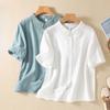 Summer Literature Loose Solid Color Cotton Linen Jacquard Short Sleeved Shirt Women's Shirt Top Blouses & Shirts