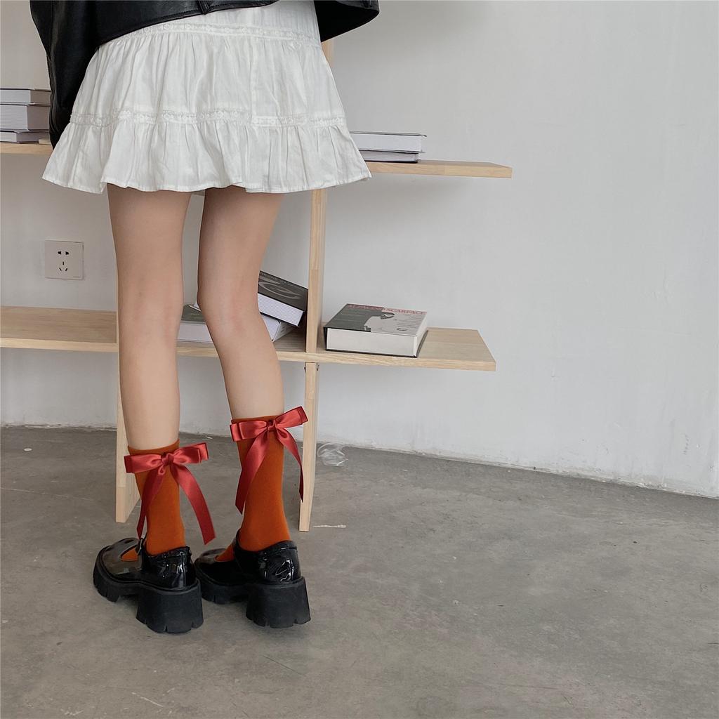 Novas meias artesanais Lolita Cute Bow Cotton Mid Calf Meias femininas