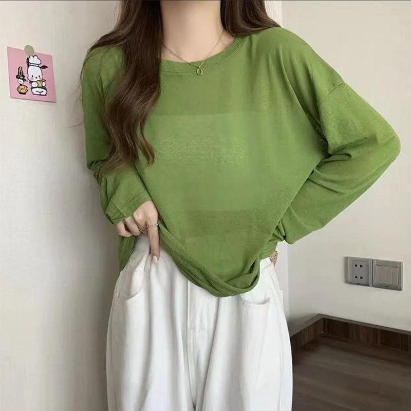 Women's Sheer Yellow Long-Sleeve Sunscreen T-Shirt - Simple, Loose, Round Neck Pullover