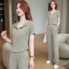 Casual Sports Suit for Women, Summer Fashionable Temperament, Slimming Ice Silk Wide-leg Pants Two-piece Set