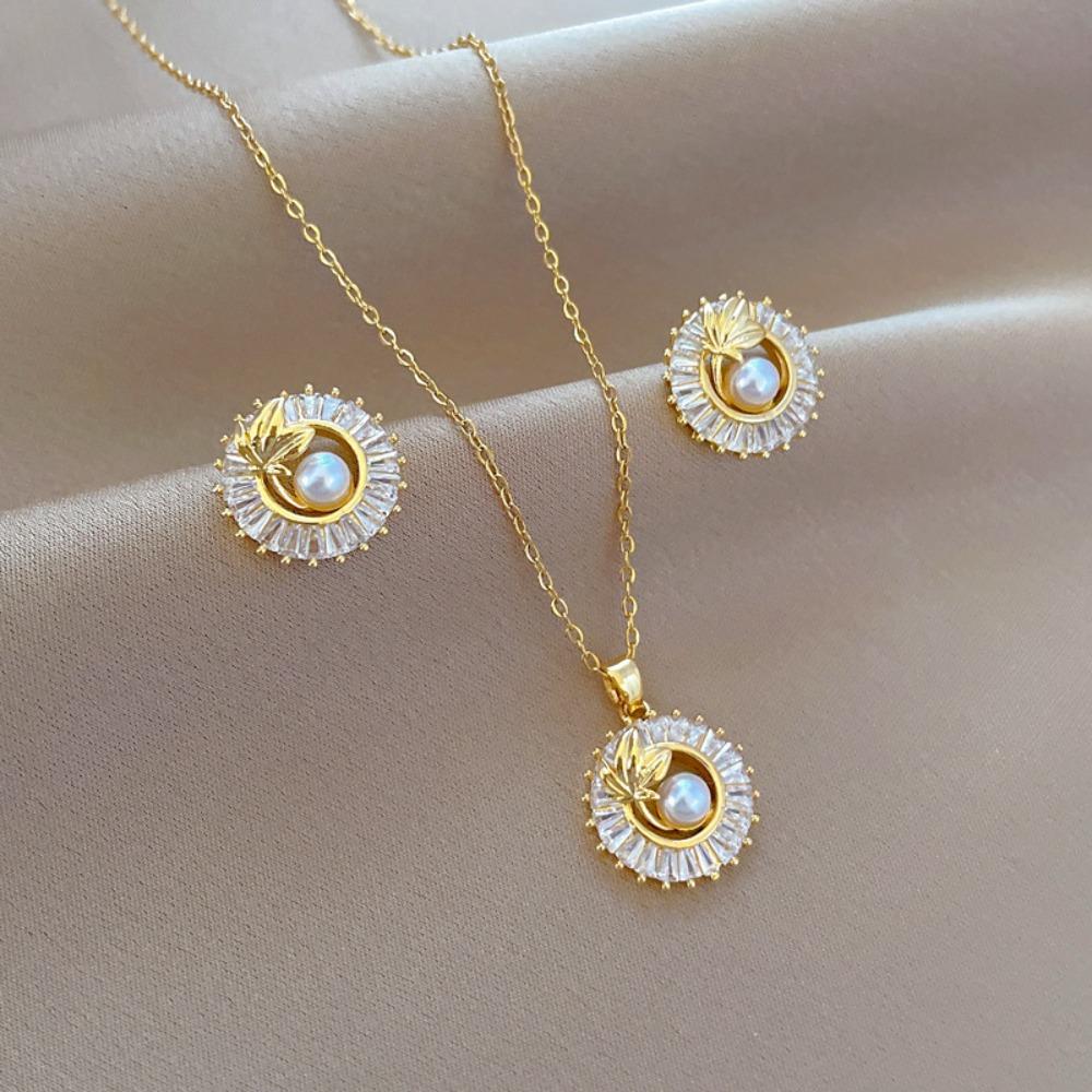 Modisches Elegantes Leichtluxuriöses Vollzirkon Exquisites Elementstil Kupfer Mikro-Inlay Ohrringe Halsketten Set