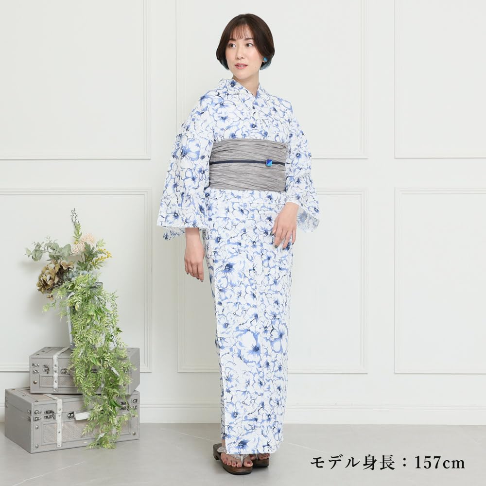 [Kyoto Kimono Yuzen] Ensemble Yukata pour Femme avec Obi Heiko (Ensemble de 2 pièces) Kimono d'été à motif floral Coton Koubai (Bleu)
