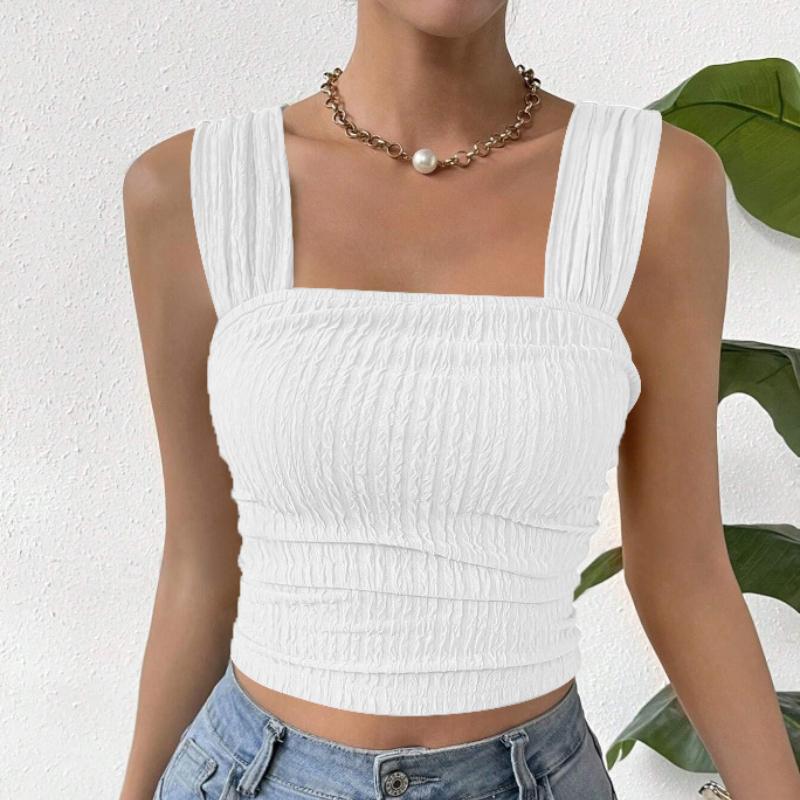 Summer Fashion Base Sleeveless Crop Tops Women Exposed Navel Square Collar Solid Sexy Straps Shirts Women Elegant Slim Fit Casual Ladies Blouse 26606