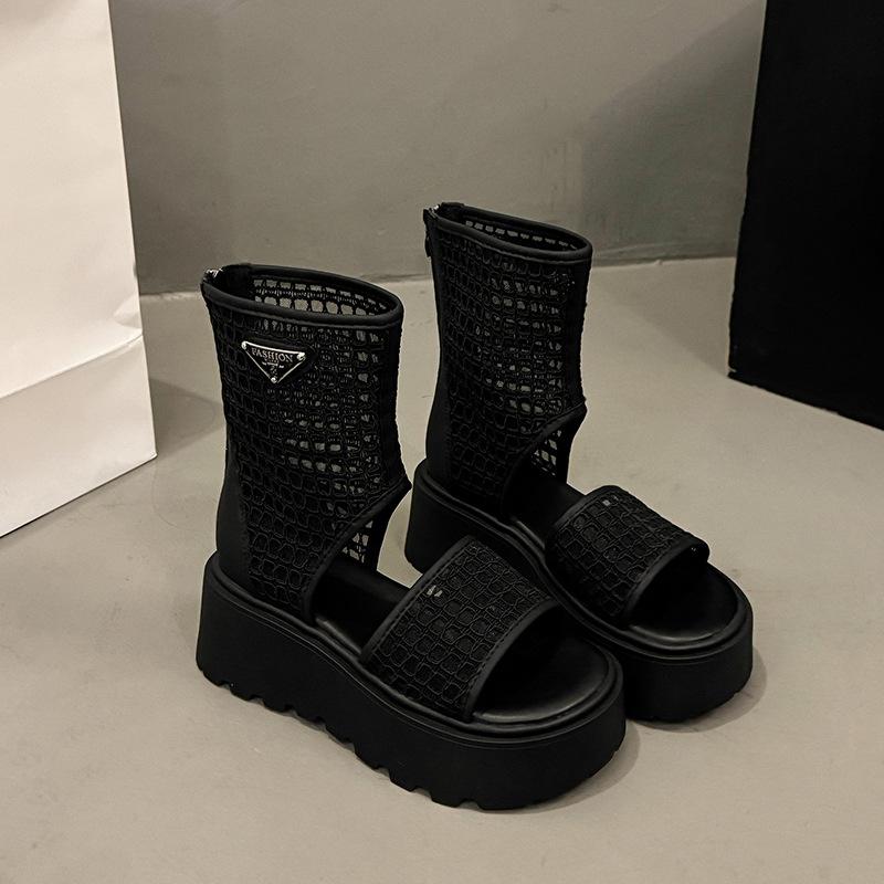 Fashion Women's Summer Boots Size35-40 New Hollow Back Zipper Fish Mouth Cool Boots Thick Bottom Muffin Bottom Sandals Heightening Shoes