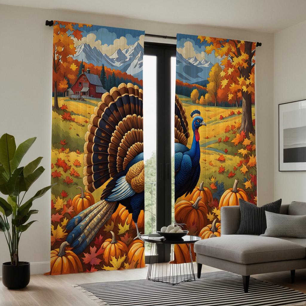 2pcs Set HD Harvest Festival Garden Pumpkin Maple Flower Peacock Decorative Curtain Yellow Tie Digital Printed Curtain Home D