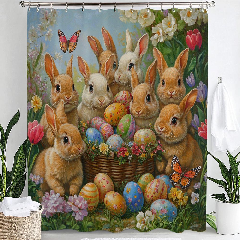 Cute Bunny Shower Curtain, Floral Colorful Eggs Wooden Plank Bowknot Bathroom Decorative Curtain, Waterproof Shower Curtain