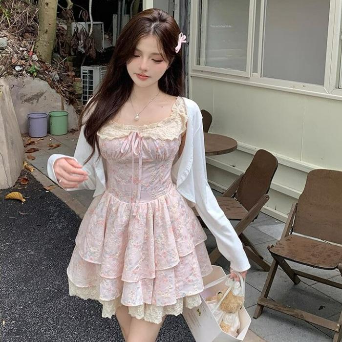 Robe Florale Manches Volantes Fille Épicée Sucrée Robe d'Été pour Femme Petite Amour Robe Gâteau Princesse Robe Moelleuse à la Taille