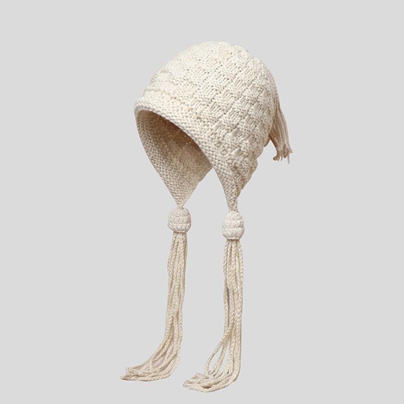 1Pc Handmade Crochet Colored Yarn Hat For Women Winter Nitted Beanie Cap Earflap Tassel Pompom Hat