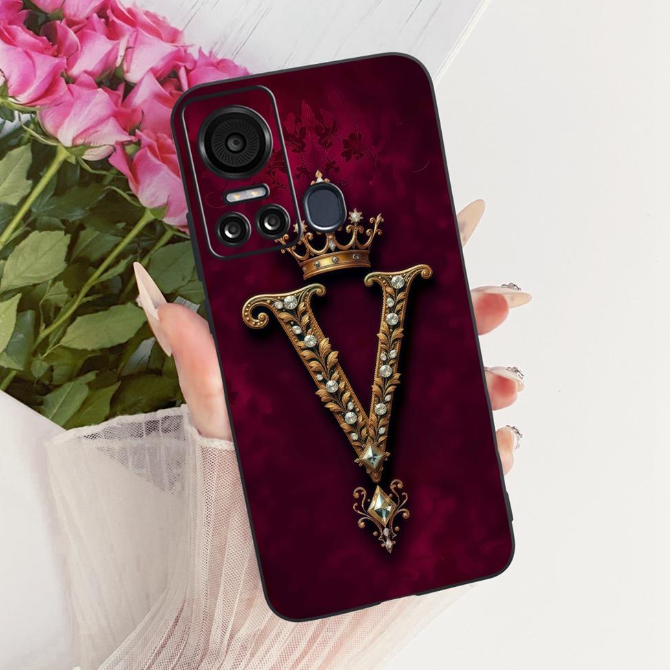 Noir Pour ITEL S18 S663L Coque Pour ITEL Vision 5 Étui Silicone Couronne de Luxe Lettres A-Z Motif Plat 2D Coque de Téléphone Souple