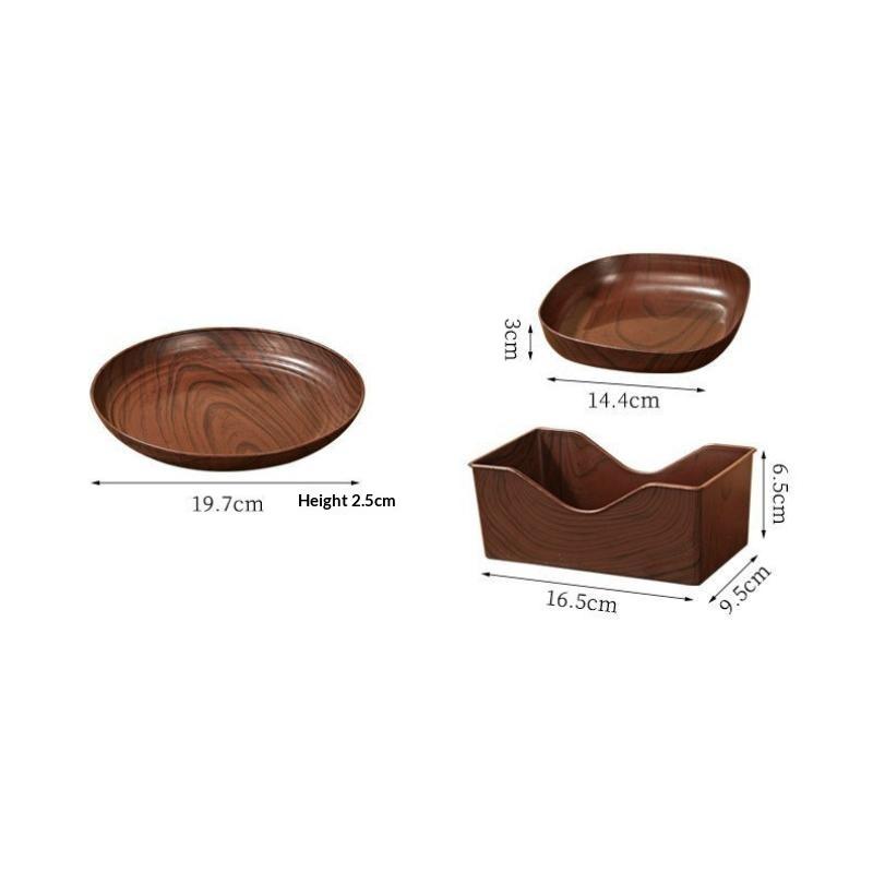Wood Grain Plastic Serving Plate Set With Storage Holder Unbreakable Easy Clean For Snacks Desserts Fruits Home Kitchen Use