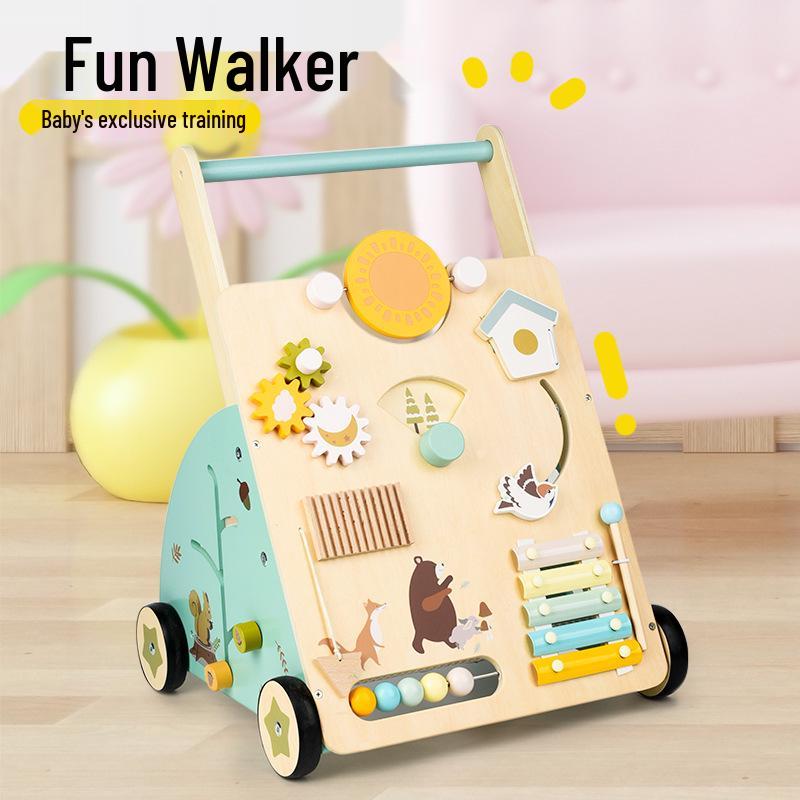 Wooden Baby Walker Stroller with Educational Learning Aid - Anti-Tip Push Car Toy for Toddlers