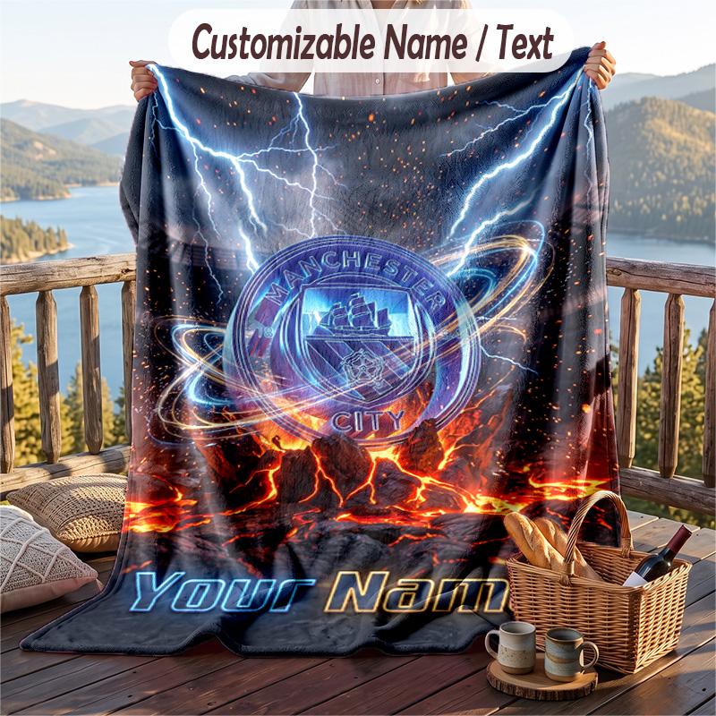 Flannel Blanket Manchester City Print Custom Name Text Soft Throw for Sofa Bed