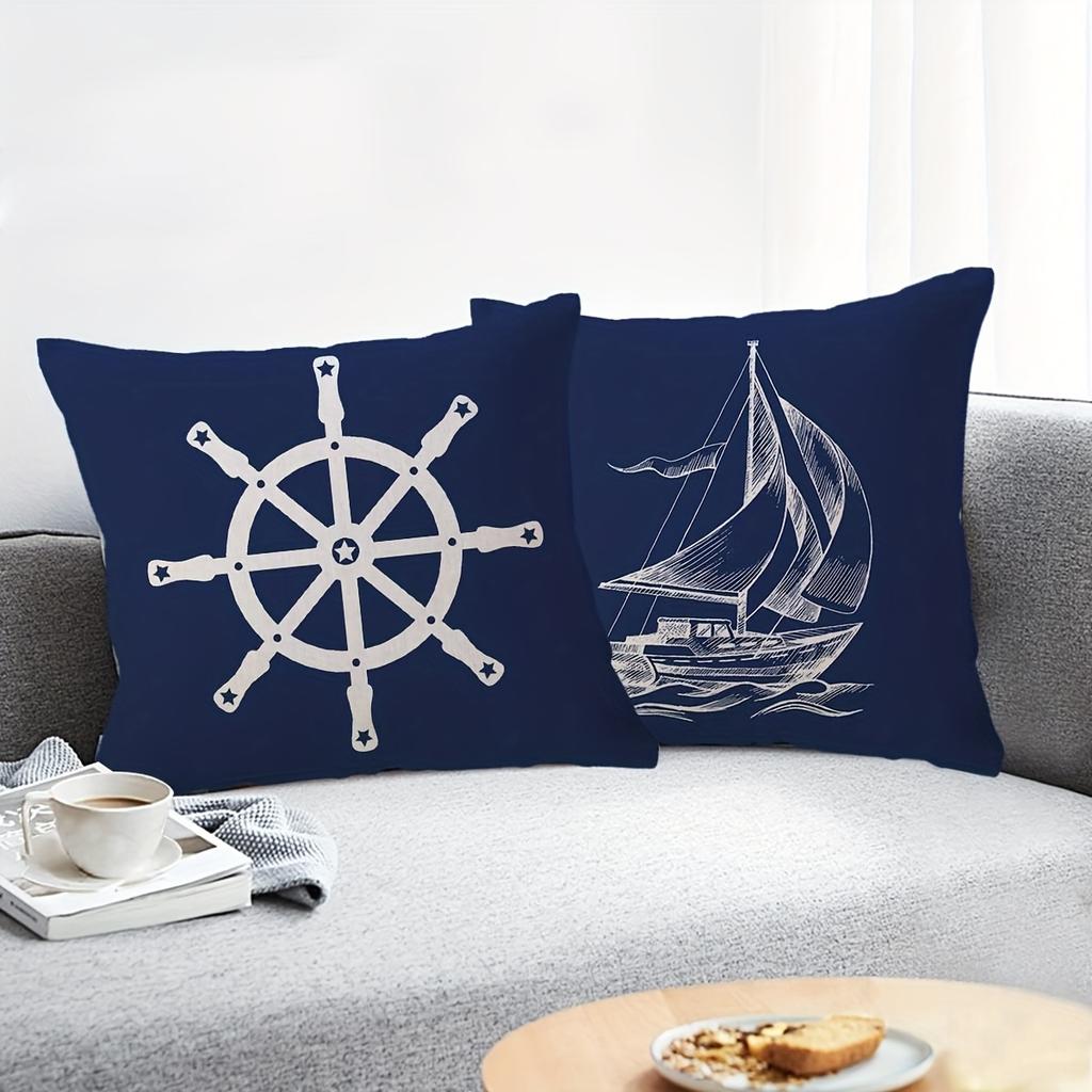 1/4pcs Navy Blue Ocean-Themed Pillowcases with Ship Wheel Compass Anchor and Sailboat Designs Sofa Cushion Cover Home Decoration