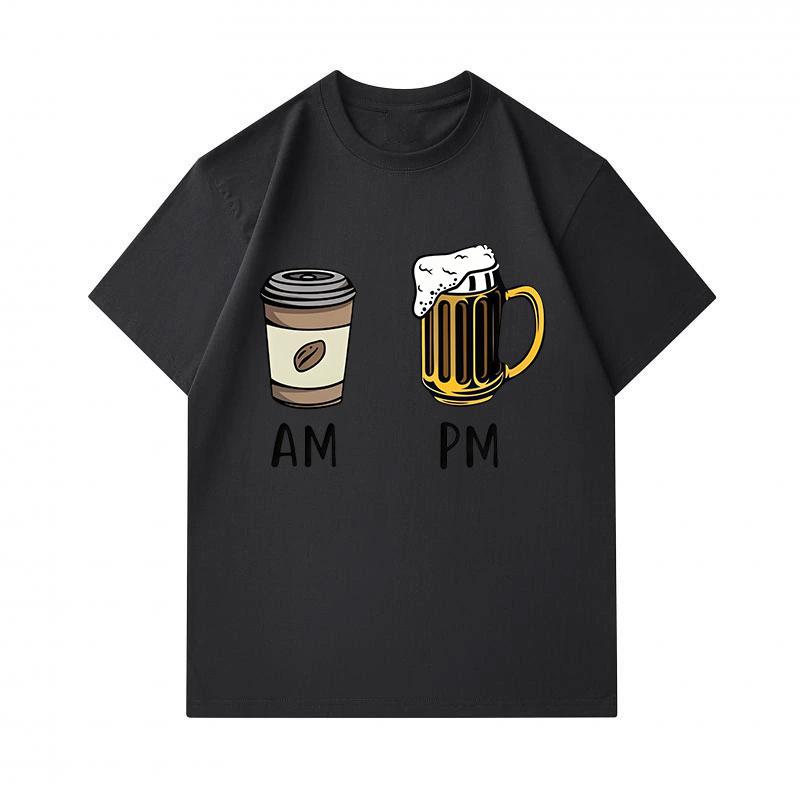 Men's 100% Cotton Crew Neck Short Sleeve T-Shirt, Funny AM Coffee PM Beer Graphic Casual Daily Wear Tee, Soft Breathable Summer Top for Men