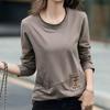 Embroidered Pocket Long Sleeve T-shirt Women's Spring and Autumn Large Size Women's Splicing Bottom Shirt Top Trendy