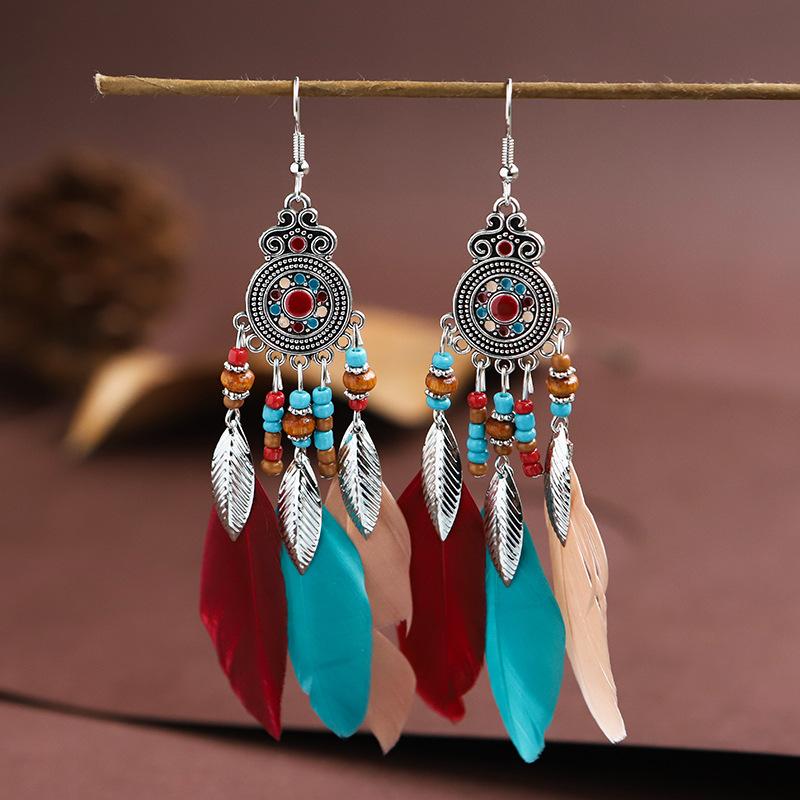 Bohemian Ethnic Feather Drop Earrings For Women Elegant Wood Beads Leaf Long Tassels Dangle Earring Girls Fashion Party Jewelry CDN