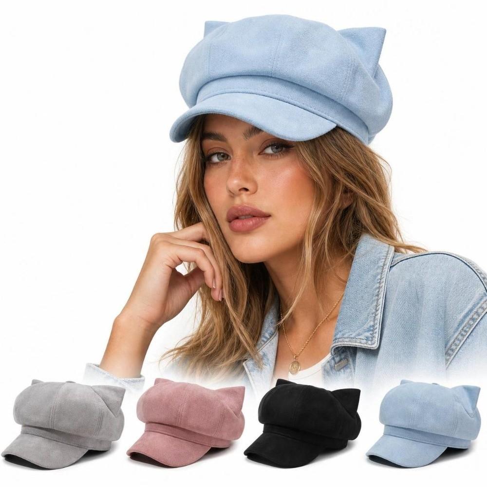 Warm Lining Cat Ear Beret Solid Color Octagonal Hat New Newsboy Cap  Women