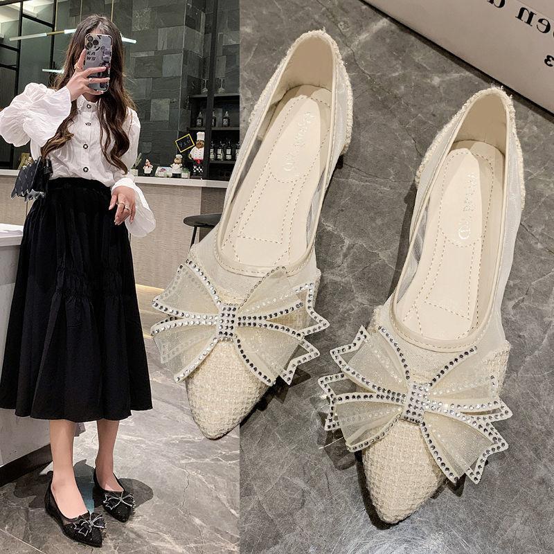 2025 Summer New Women's Single Shoes Hollow Flat-bottomed Rhinestone Lace Korean Version Breathable Shallow Mouth French Mesh Doudou Shoes