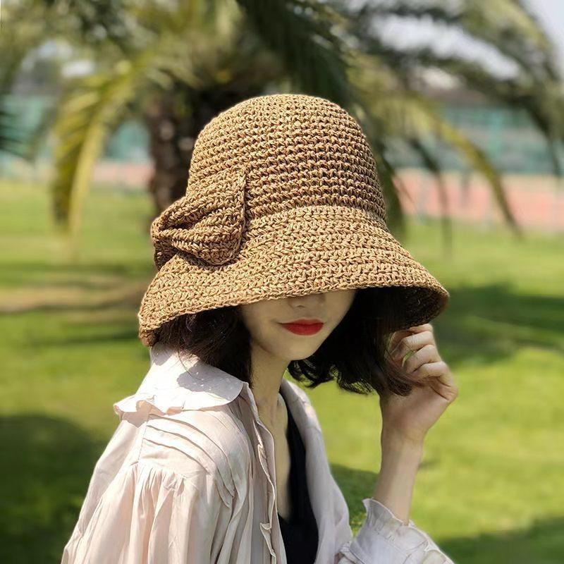 100% Raffia Schleife Sonnenhut Breite Krempe Schlapphüte Damen Strand Panama Stroh Kuppel Eimerhut