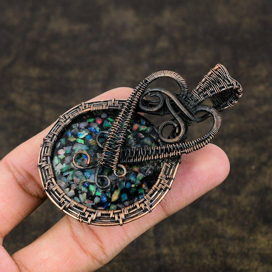 Ethiopian Opal Handmade Copper Wire Wrap Jewelry Pendant 3.07" a5I75