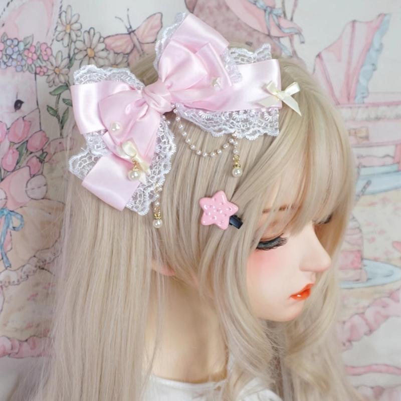 Elegant Anime Style Large Bows Hair Clip With Faux Pearls Fringe Fashion Hairpin For Tea Parties And Photoshoots
