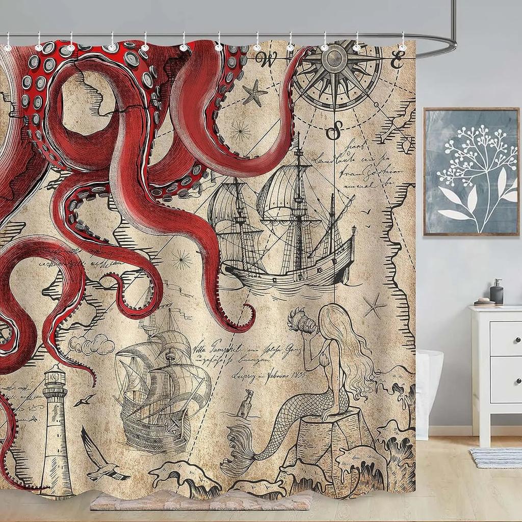 Funny Octopus Shower Curtains Marine Animal Mermaid Sailboat Vintage Nautical Map Bath Curtain Fabric Bathroom Decor with Hooks