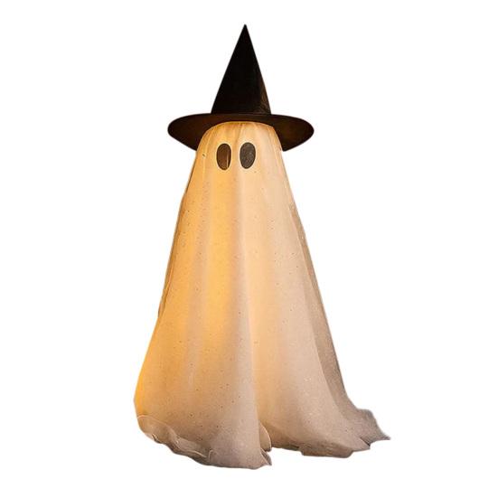 Halloween Outdoor Standing Ghost Decoration Light Up Spooky Ghost with Witch Hat