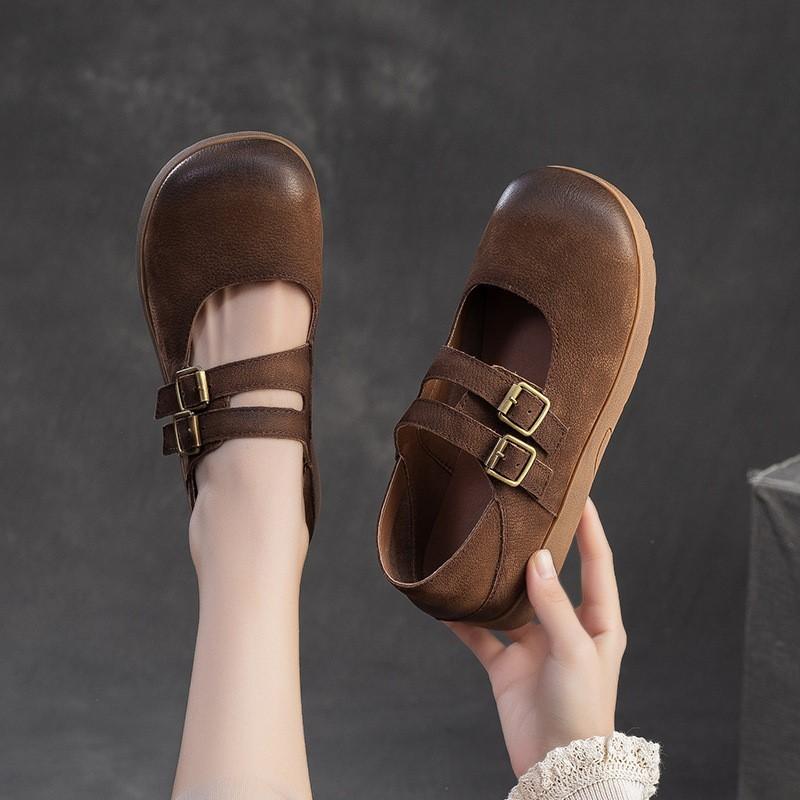 Johnature Retro Soft Leather Soft Bottom Comfortable Flats Round Toe Cowhide Commuter Women's Shoes